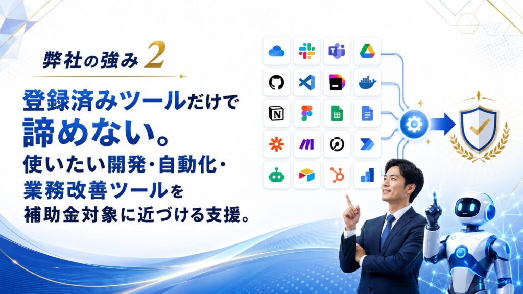 弊社の強み2　登録済みツールだけで諦めない。使いたい開発・自動化・業務改善ツールを補助金対象に近づける支援。
