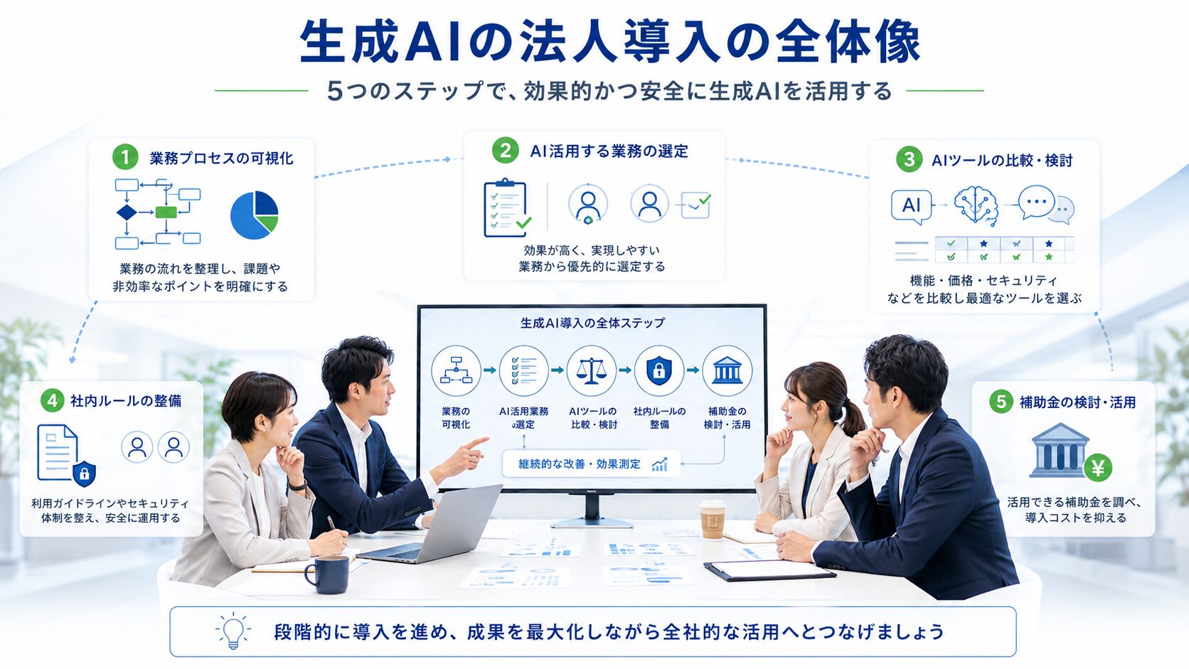生成AIの法人導入に向けて業務整理とAIツール比較を行う企業のイメージ図