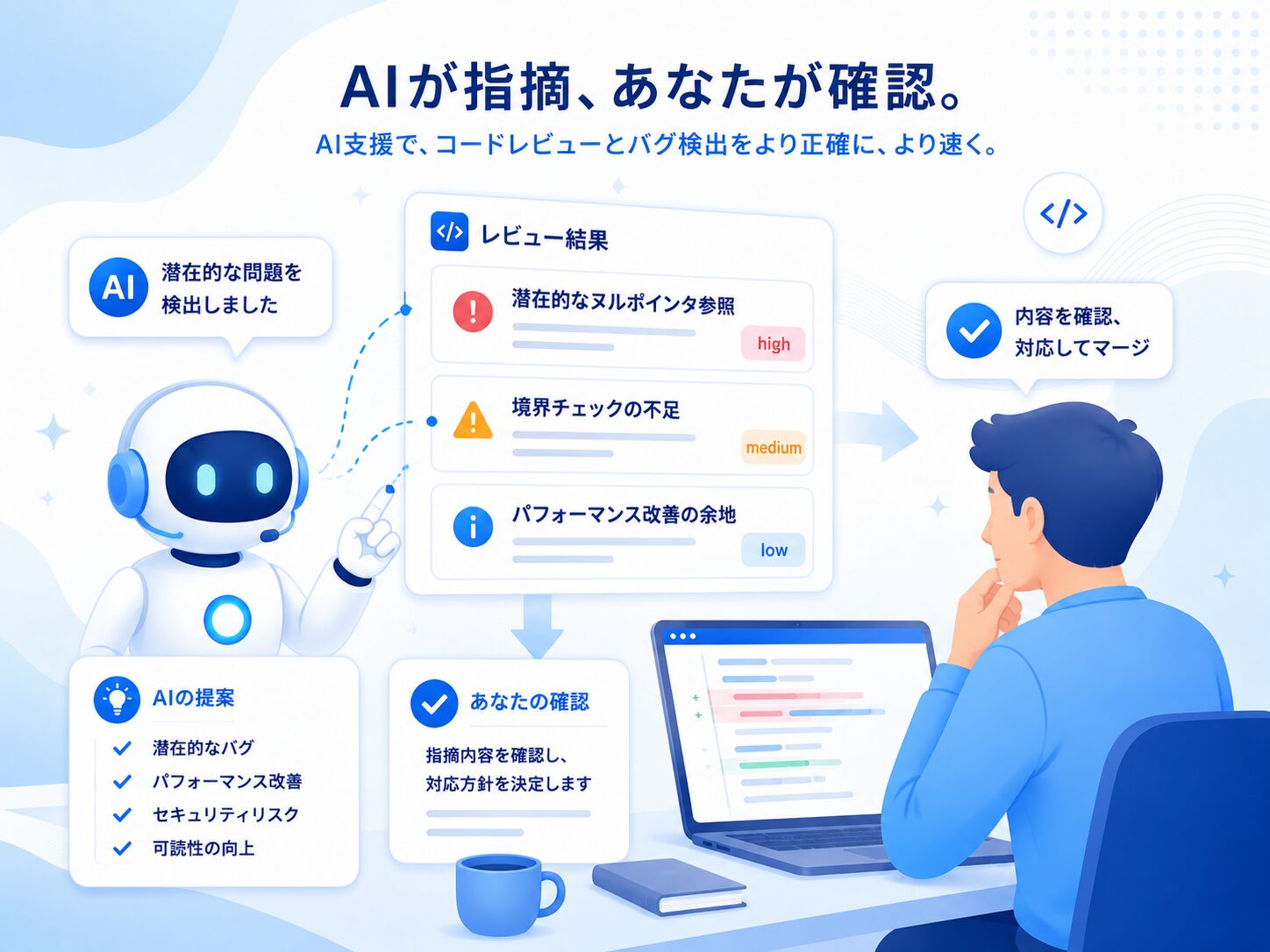 画像 AIによるコードレビューと不具合確認のイメージ