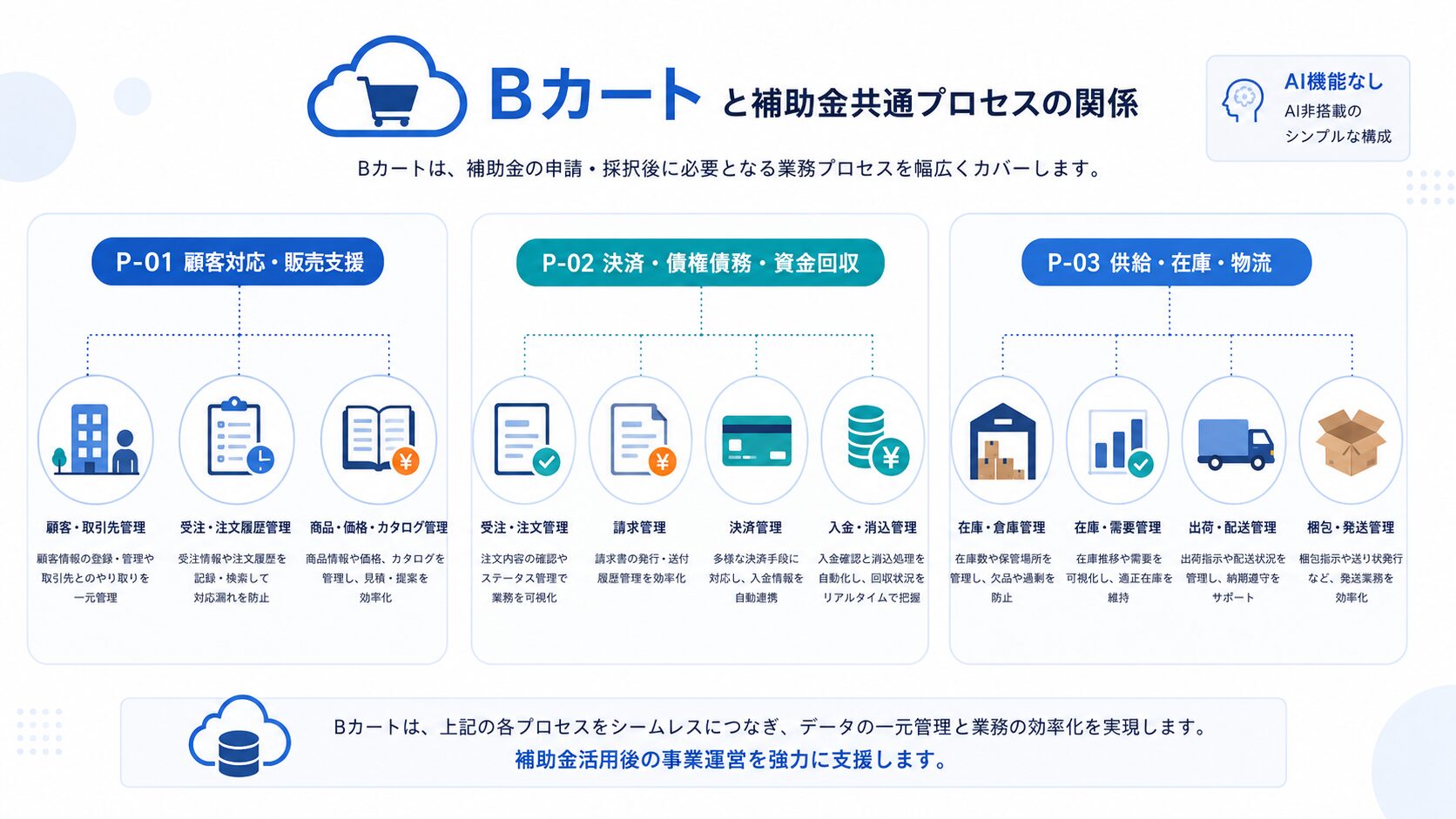 Bカートの機能とP-01・P-02・P-03の対応図