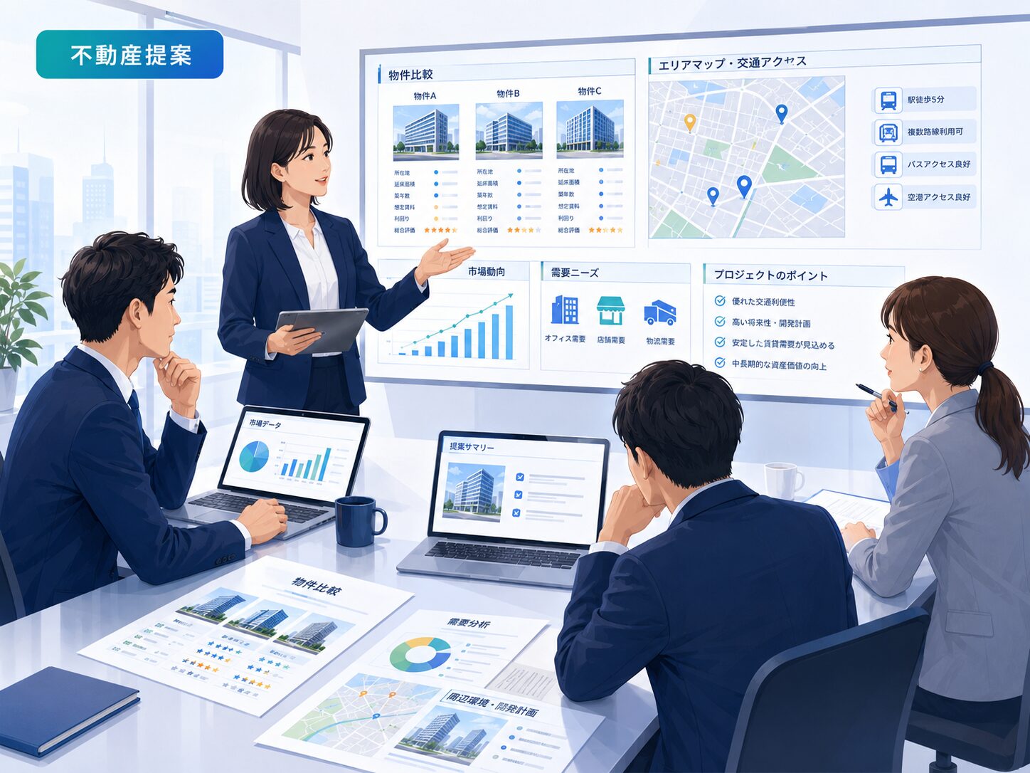 不動産チームがGensparkで市場分析と提案資料を作成するイメージ