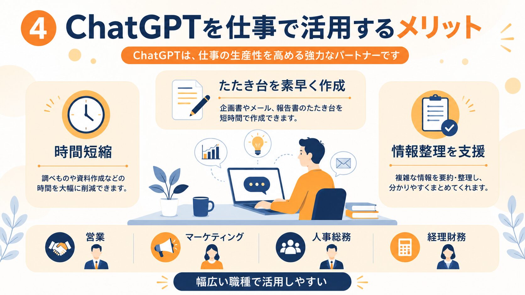 画像 ChatGPTを仕事で活用するメリットの図解。時間短縮、たたき台を素早く作成、情報整理を支援