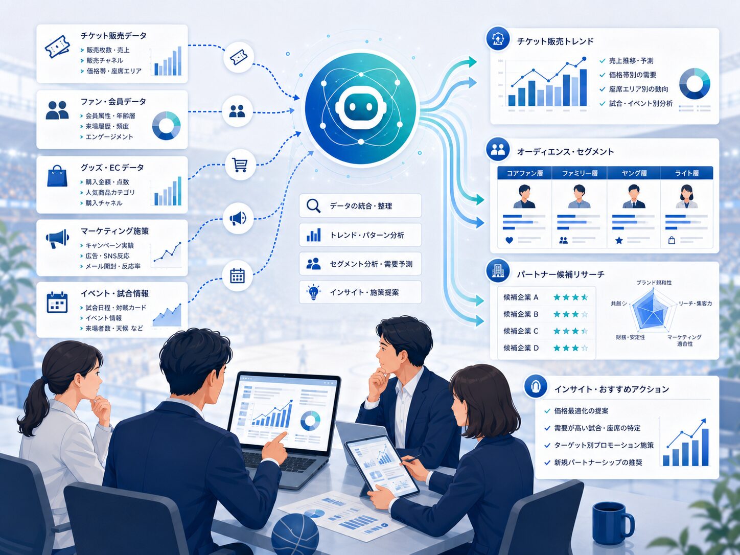スポーツ事業のデータ担当者が販売傾向と提携候補を調査するイメージ
