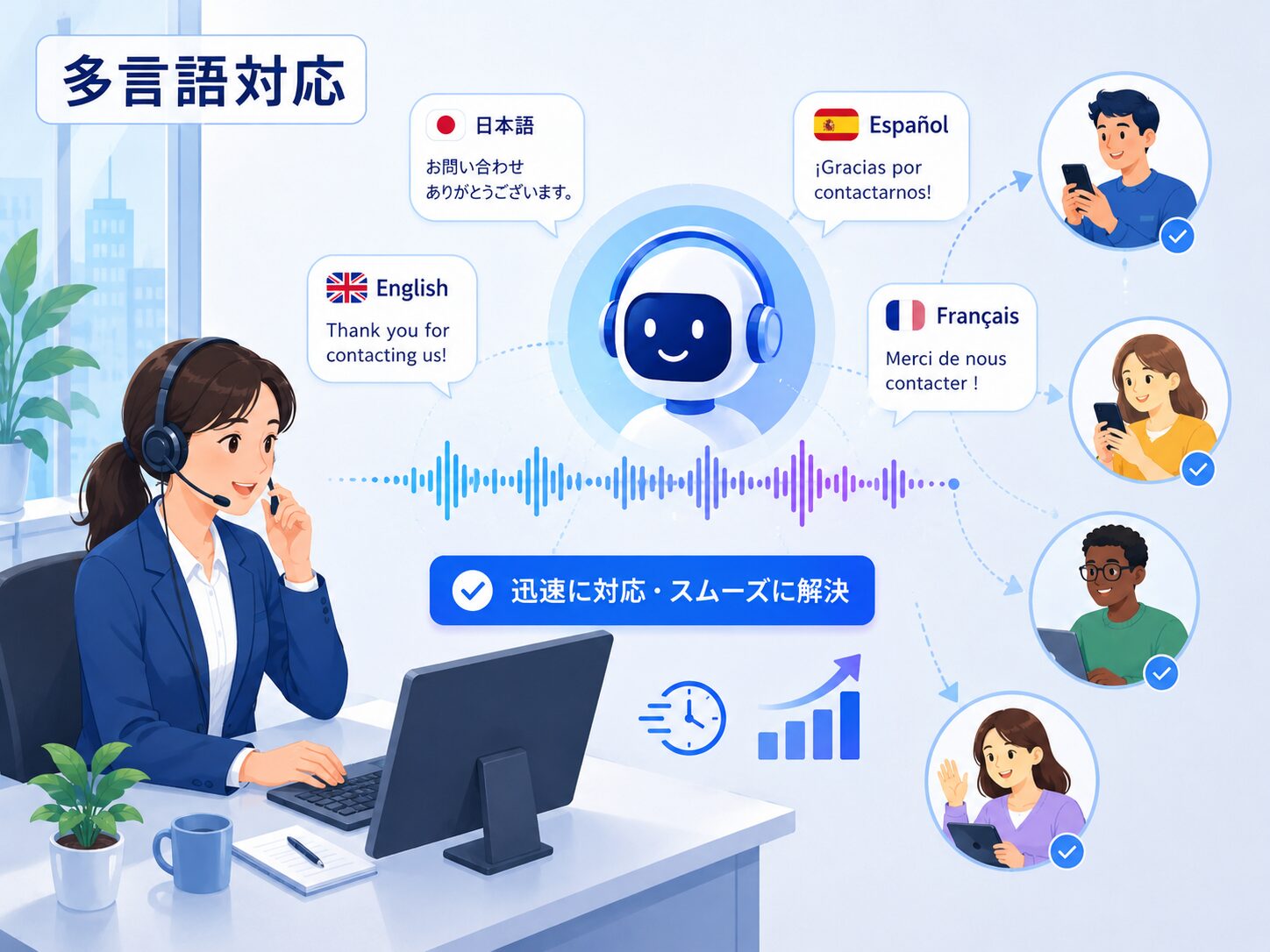 多言語問い合わせ対応で音声AIを使うイメージ