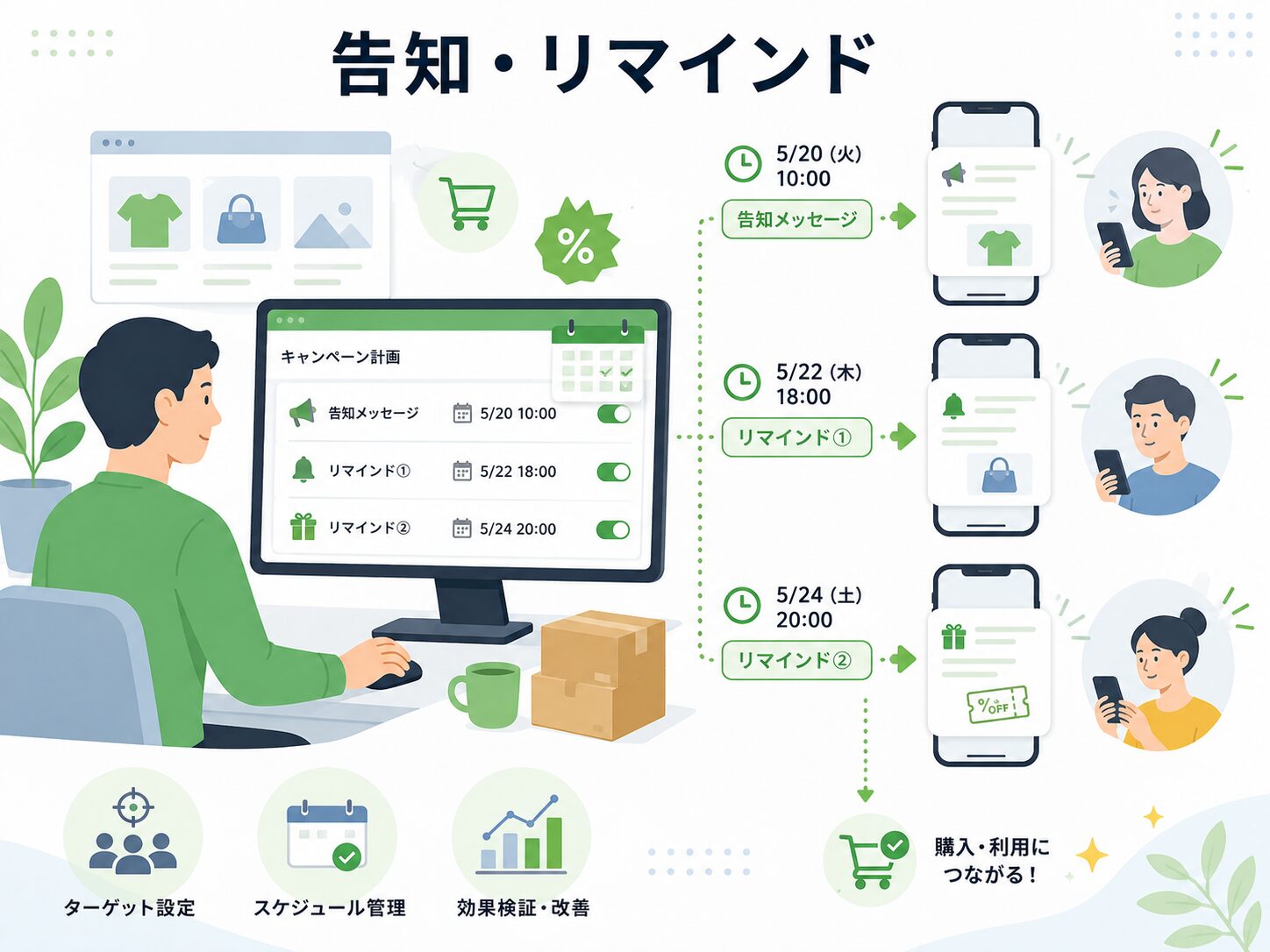 画像 EC事業者がキャンペーンの事前告知とリマインド配信を行うイメージ