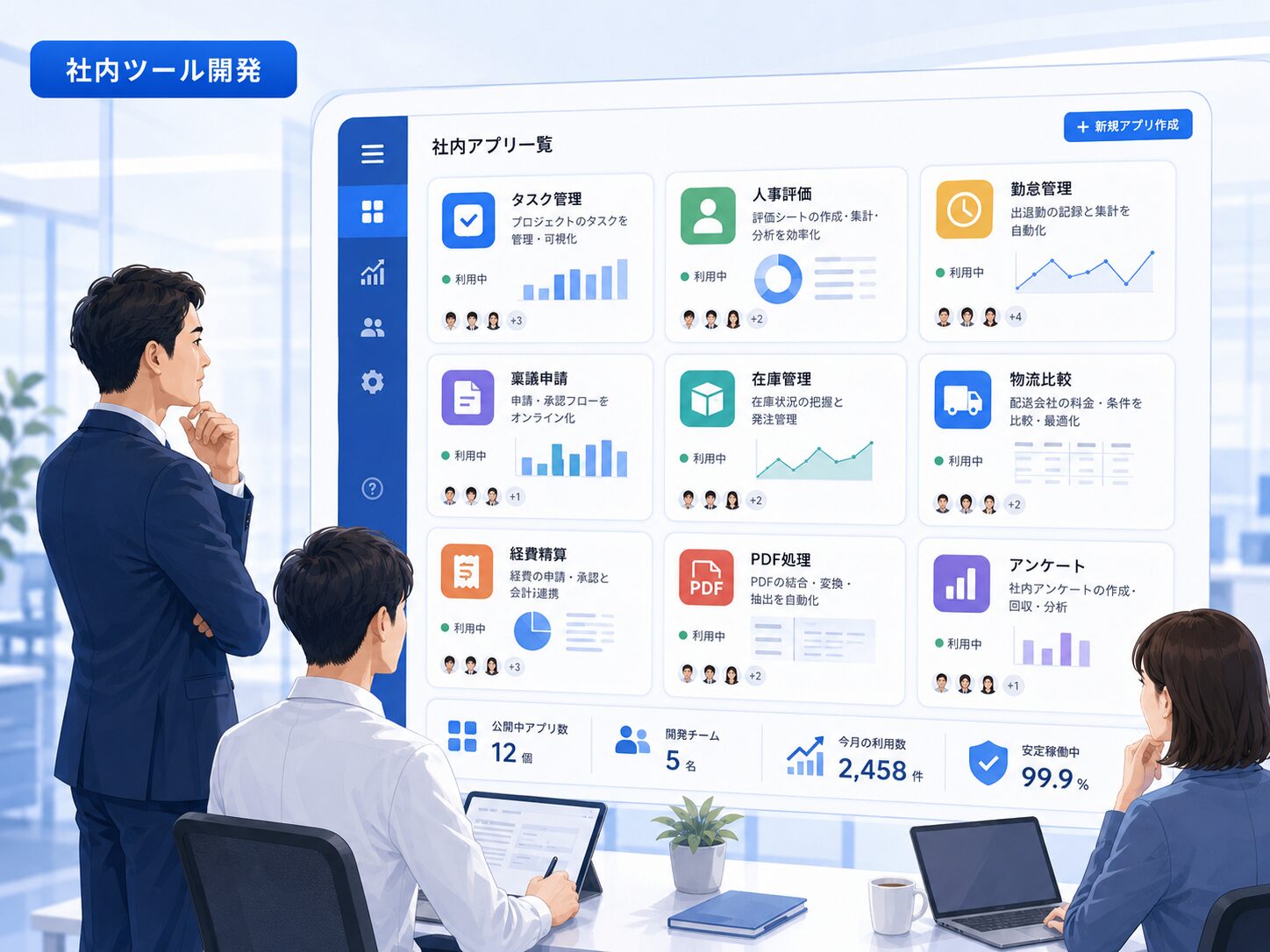 少人数のITチームがAIで社内ツールを構築するイメージ