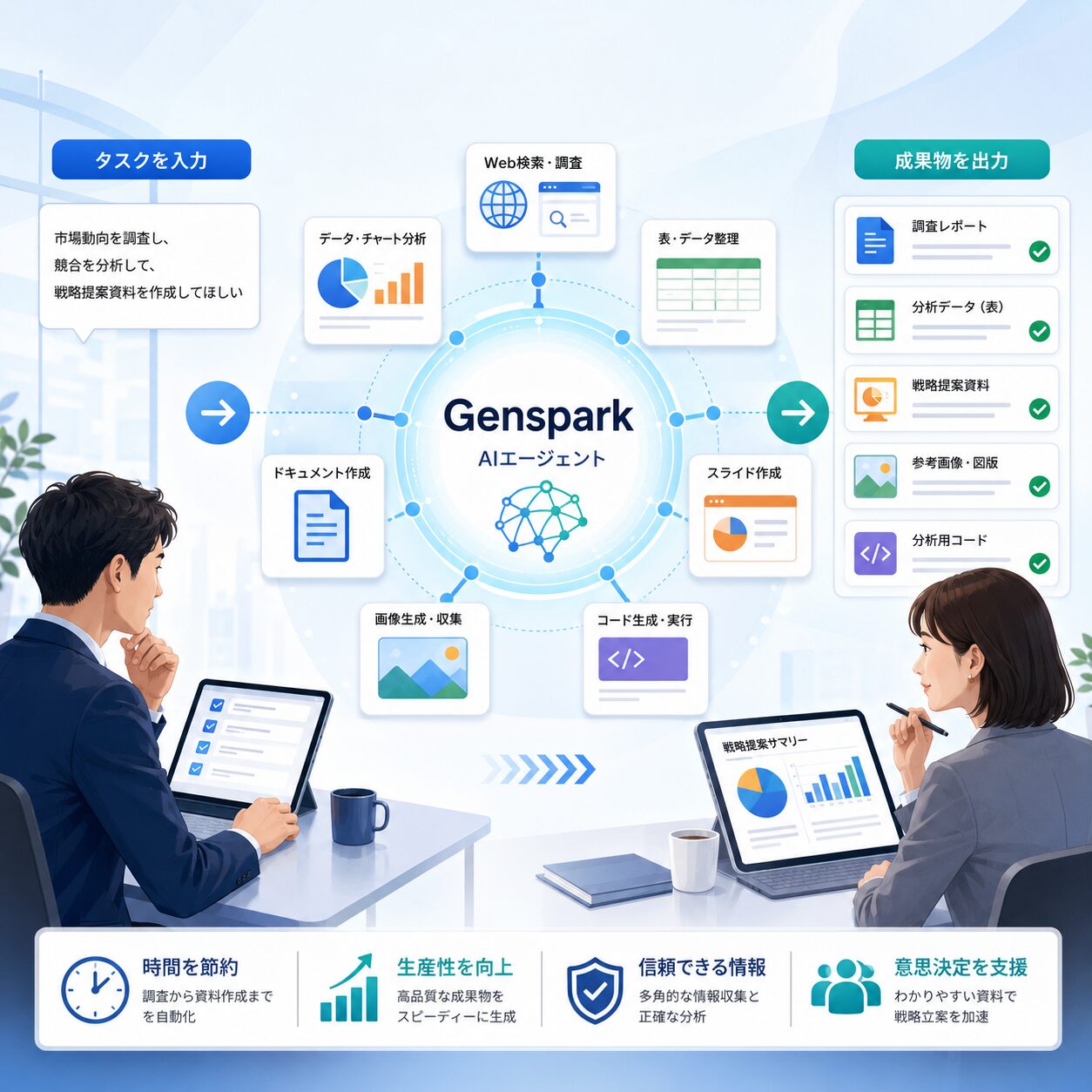 Gensparkが調査・分析・資料作成を連続実行するイメージ