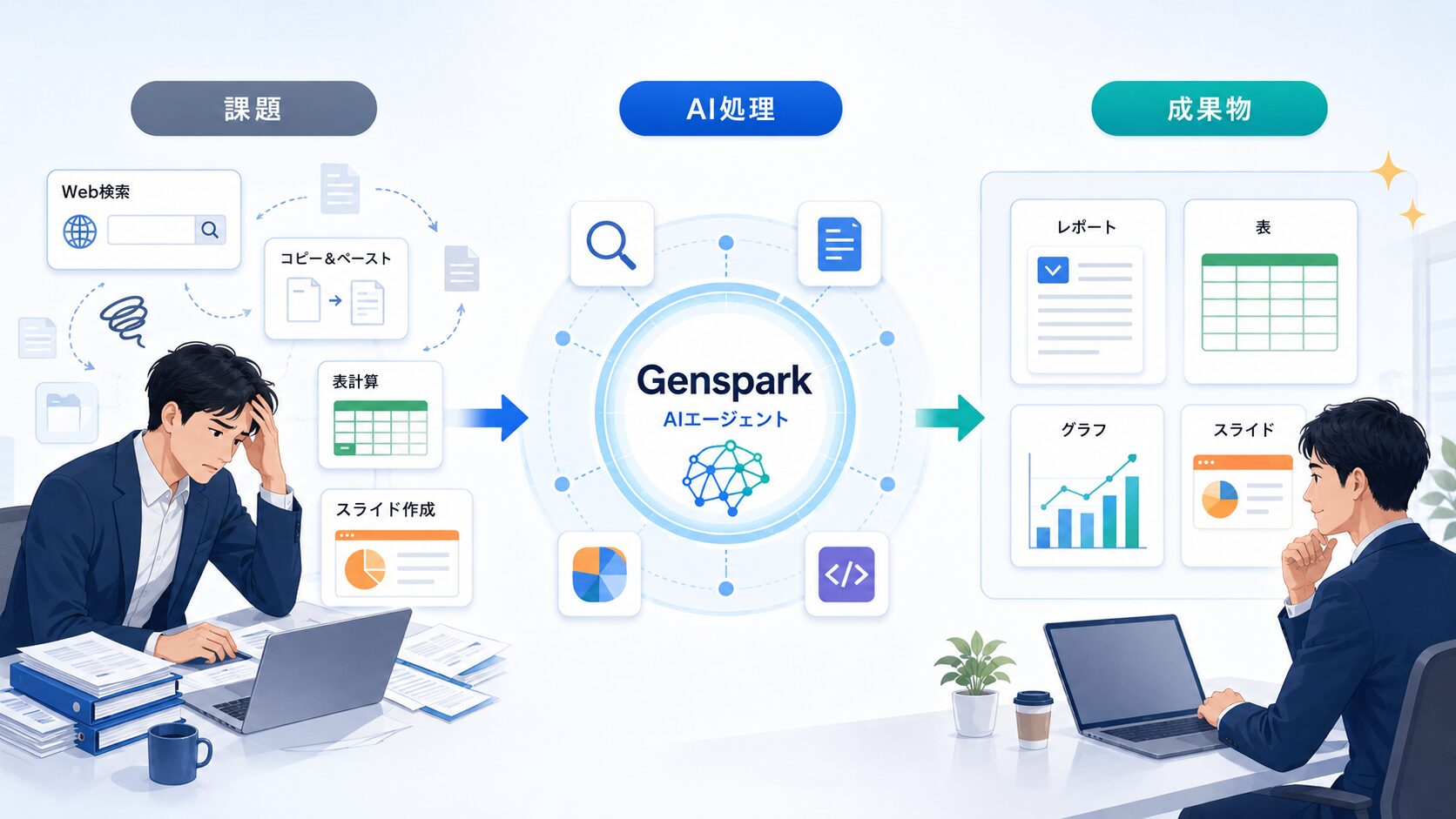 複数ツールによる手作業をGensparkで一連化する図