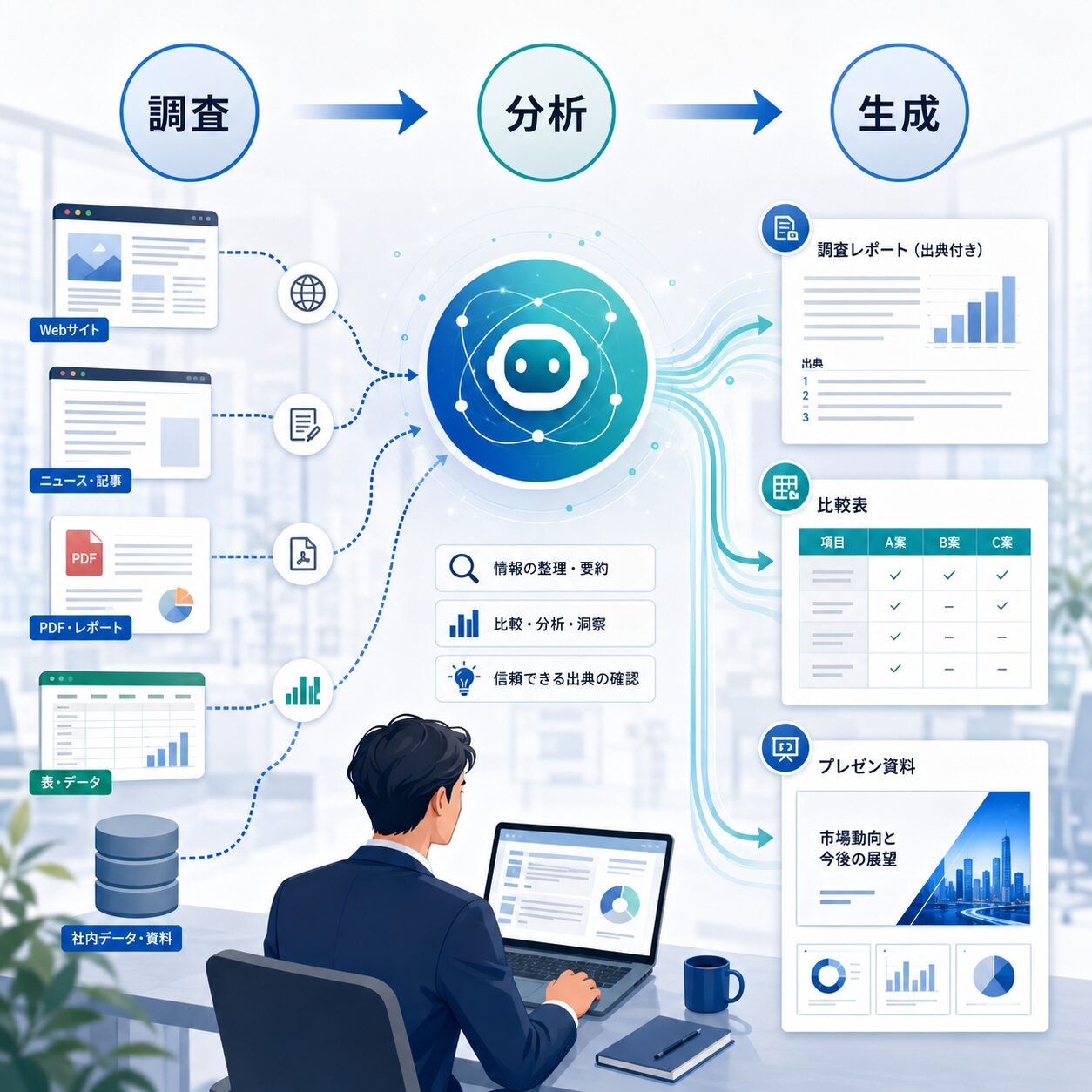 Perplexityで情報検索からレポート作成までを行うAIエージェントのイメージ