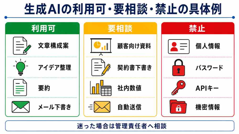 画像 生成AIで利用可能な業務と要相談・禁止業務の比較図