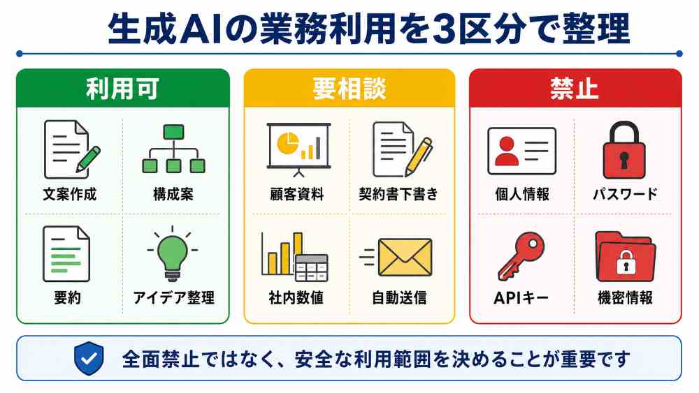 画像 生成AIの業務利用を利用可・要相談・禁止に分類する概念図