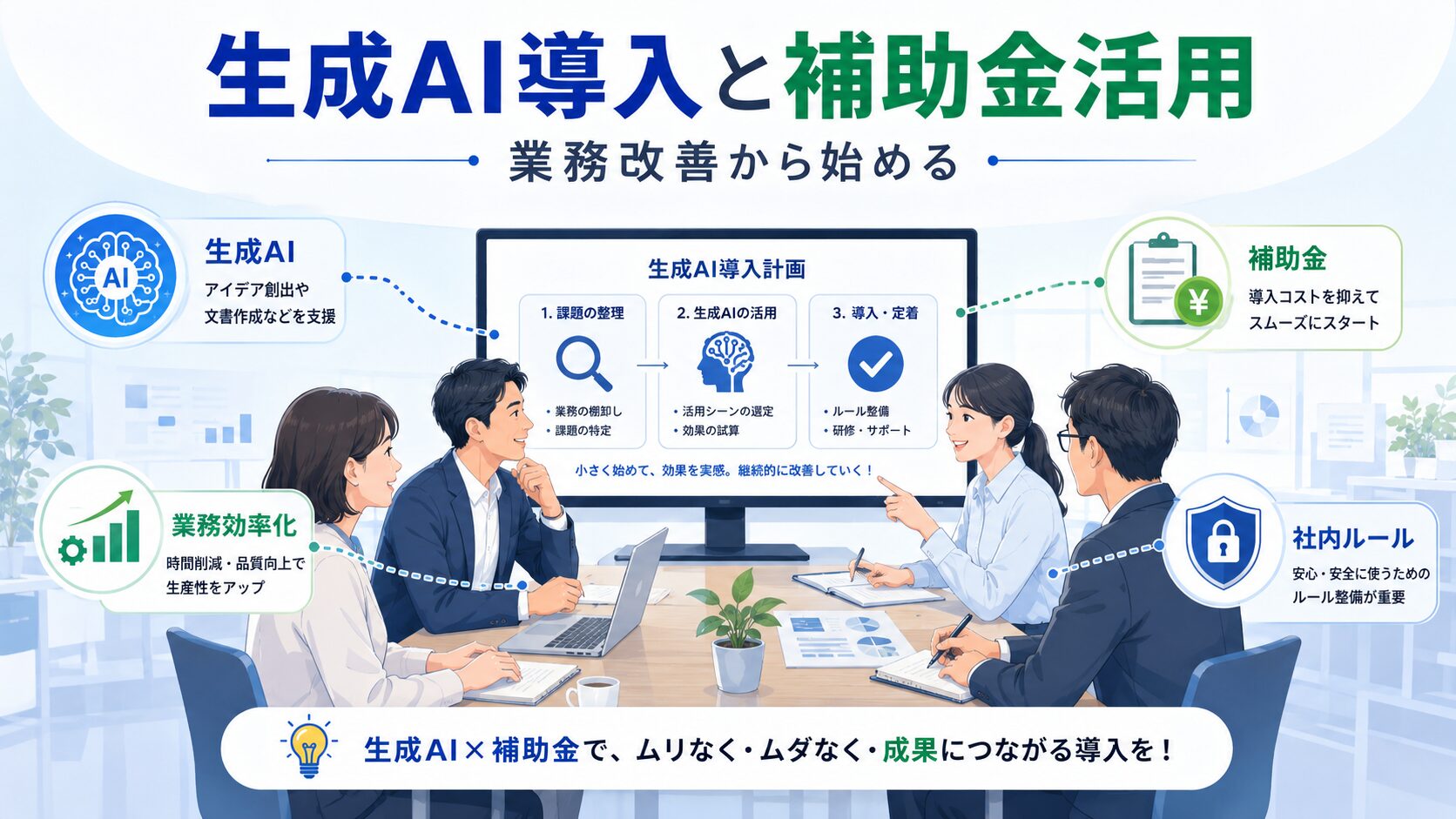 生成AI導入と補助金活用を検討する中小企業のイメージ図