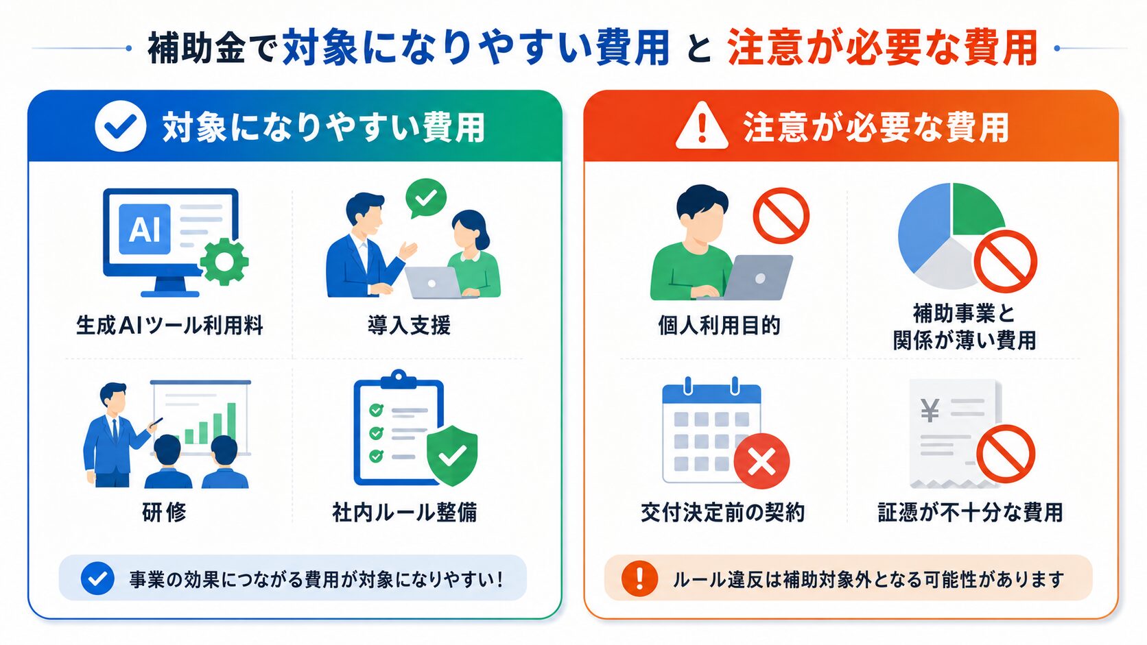 生成AI導入補助金の対象費用と注意点の比較図