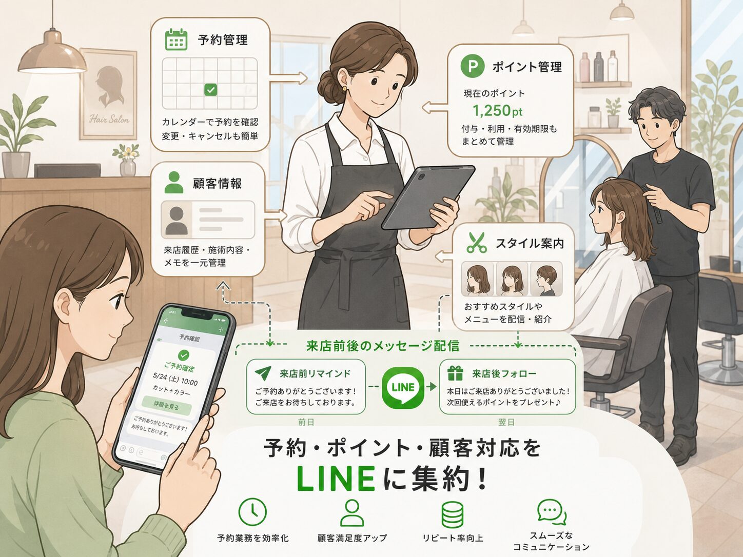 美容室で予約と顧客対応をLINEに集約するイメージ