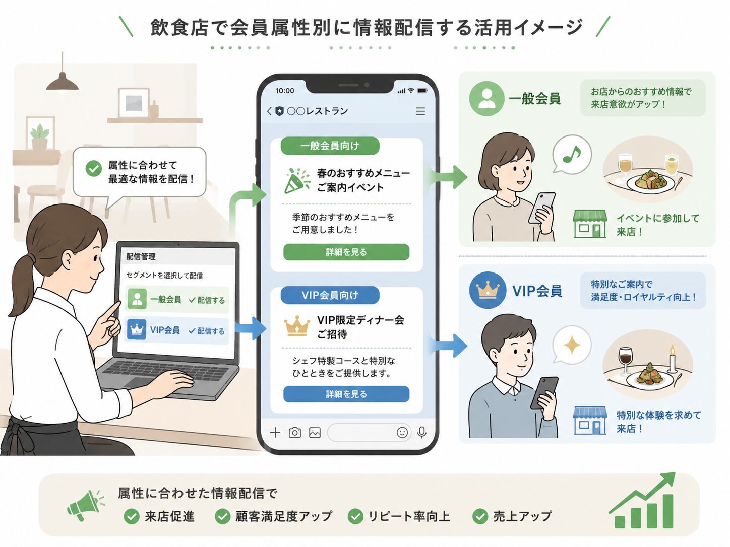 飲食店が会員属性別に情報配信するイメージ