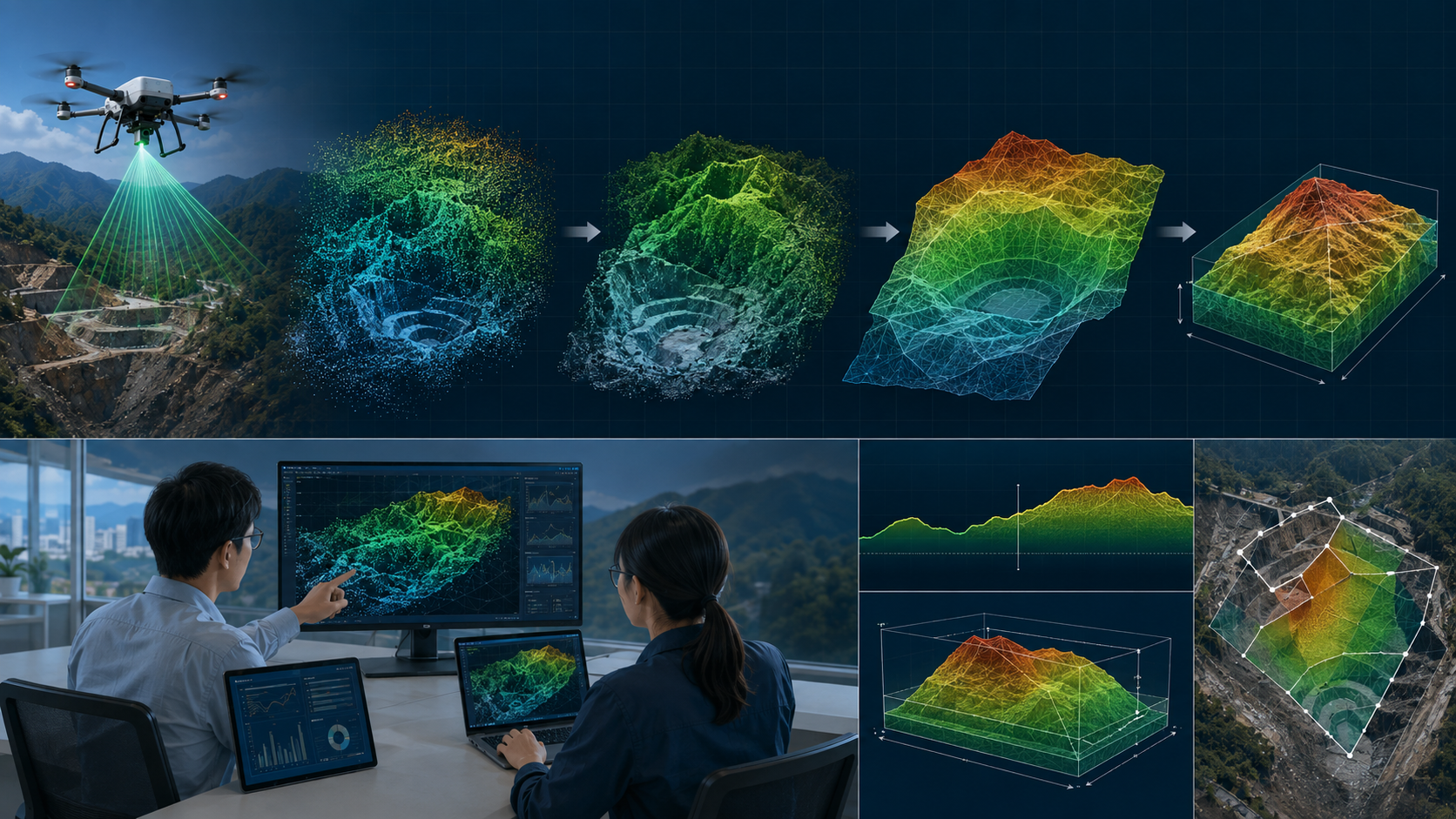 点群取得から地表分類、3D-DEM作成、断面・体積解析までの流れを示した図