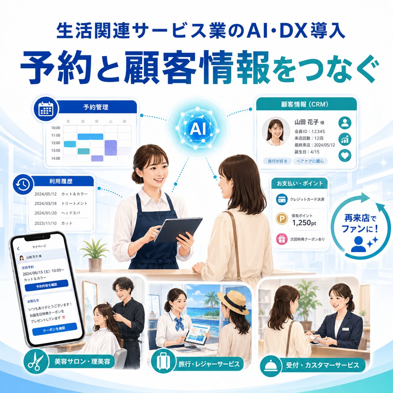 予約と顧客情報をつなぐ生活関連サービス業のAI・DX導入イメージ