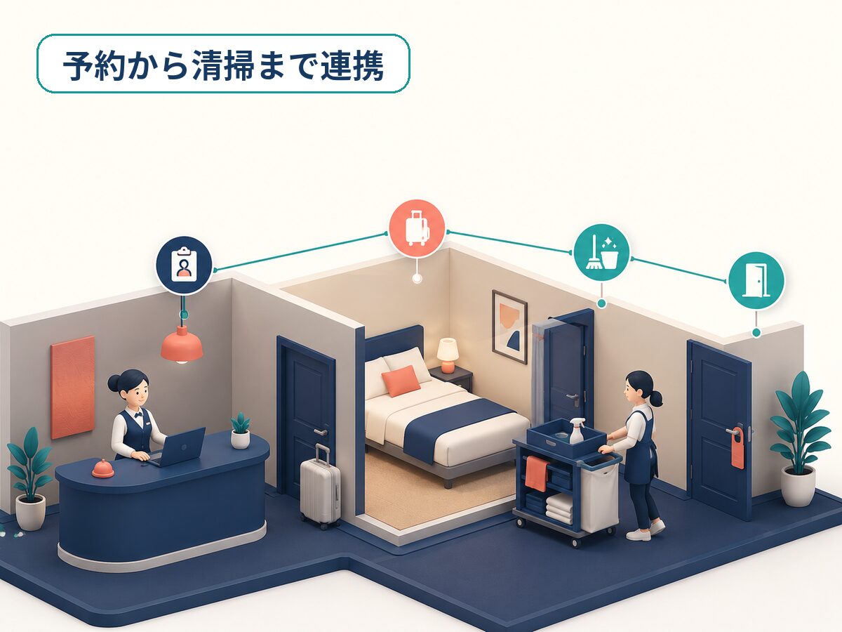 宿泊施設で予約情報と客室清掃状況を連携する場面