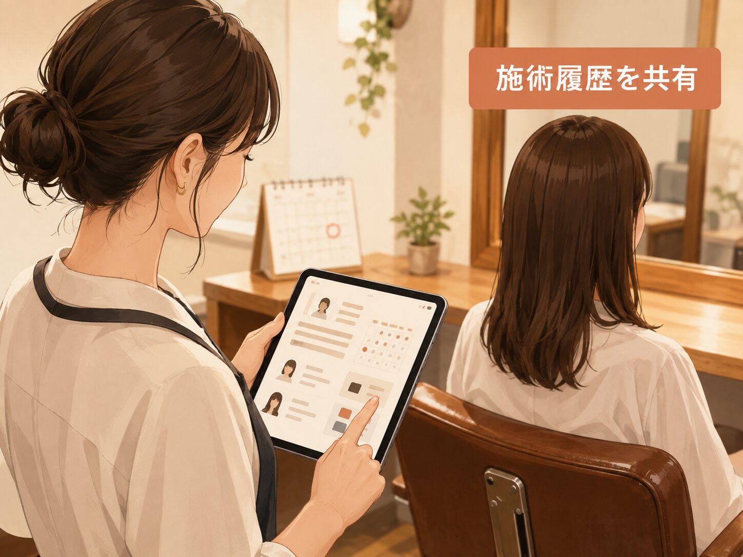 美容室のスタッフがタブレットで施術履歴を共有しているイメージ