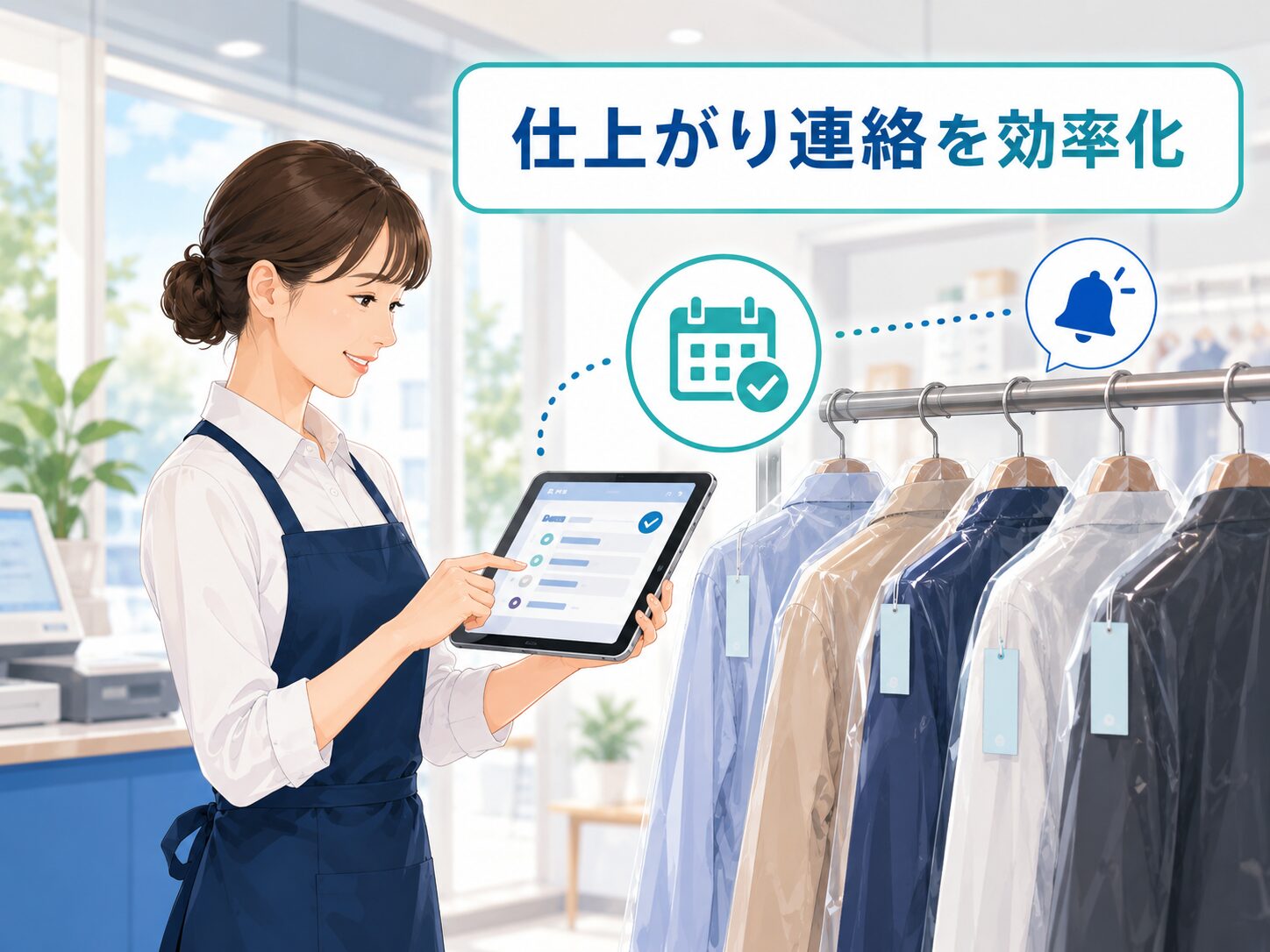 クリーニング店が仕上がり連絡を自動化しているイメージ
