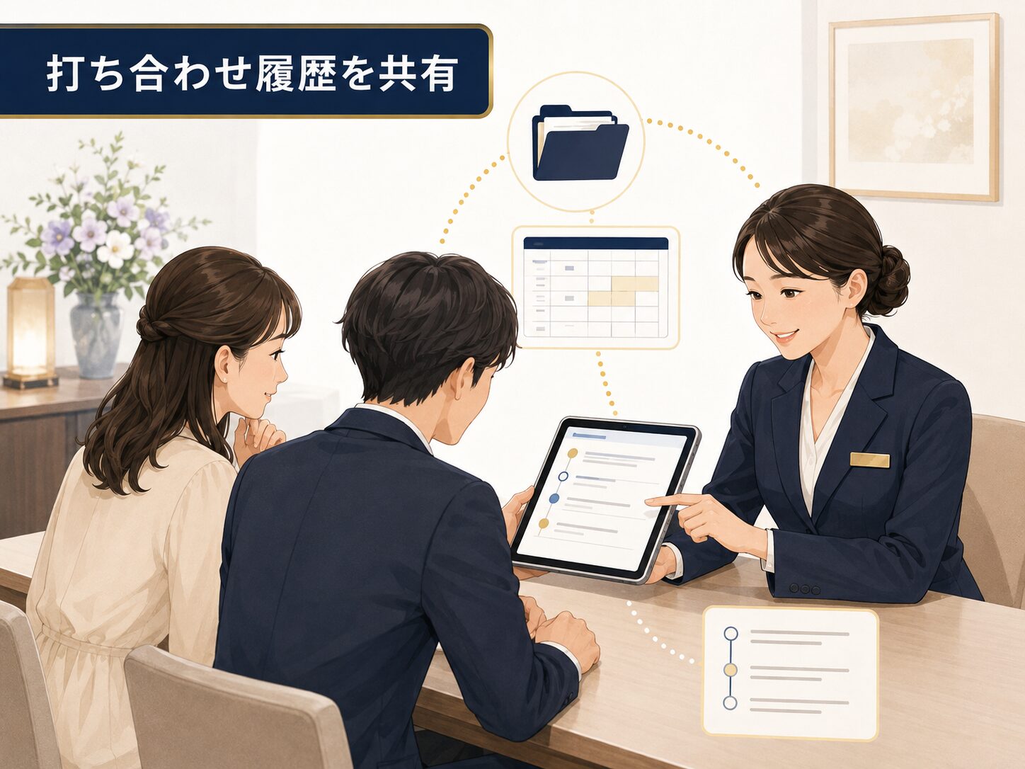 冠婚葬祭事業者が打ち合わせ履歴を共有しているイメージ