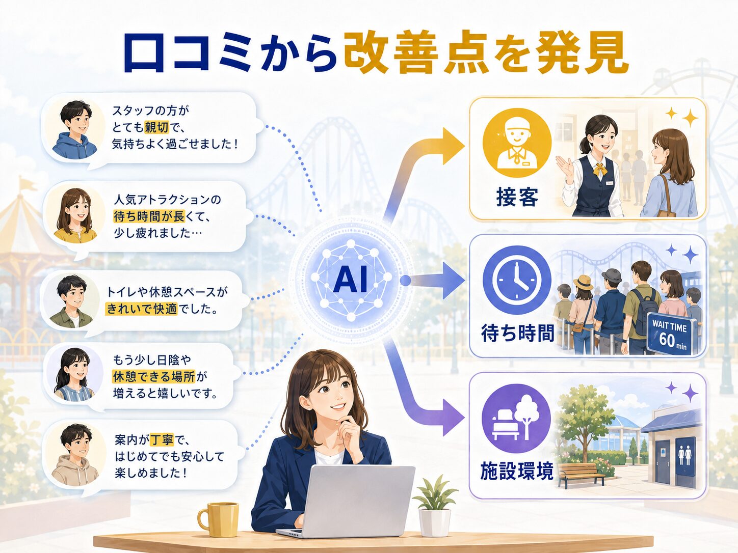 娯楽施設が口コミを分析して改善点を発見しているイメージ