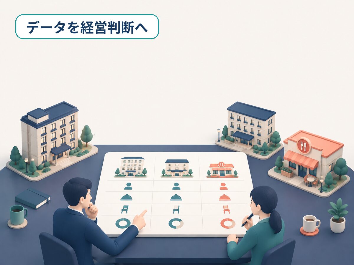 複数の宿泊施設と飲食店舗の実績を比較するイメージ