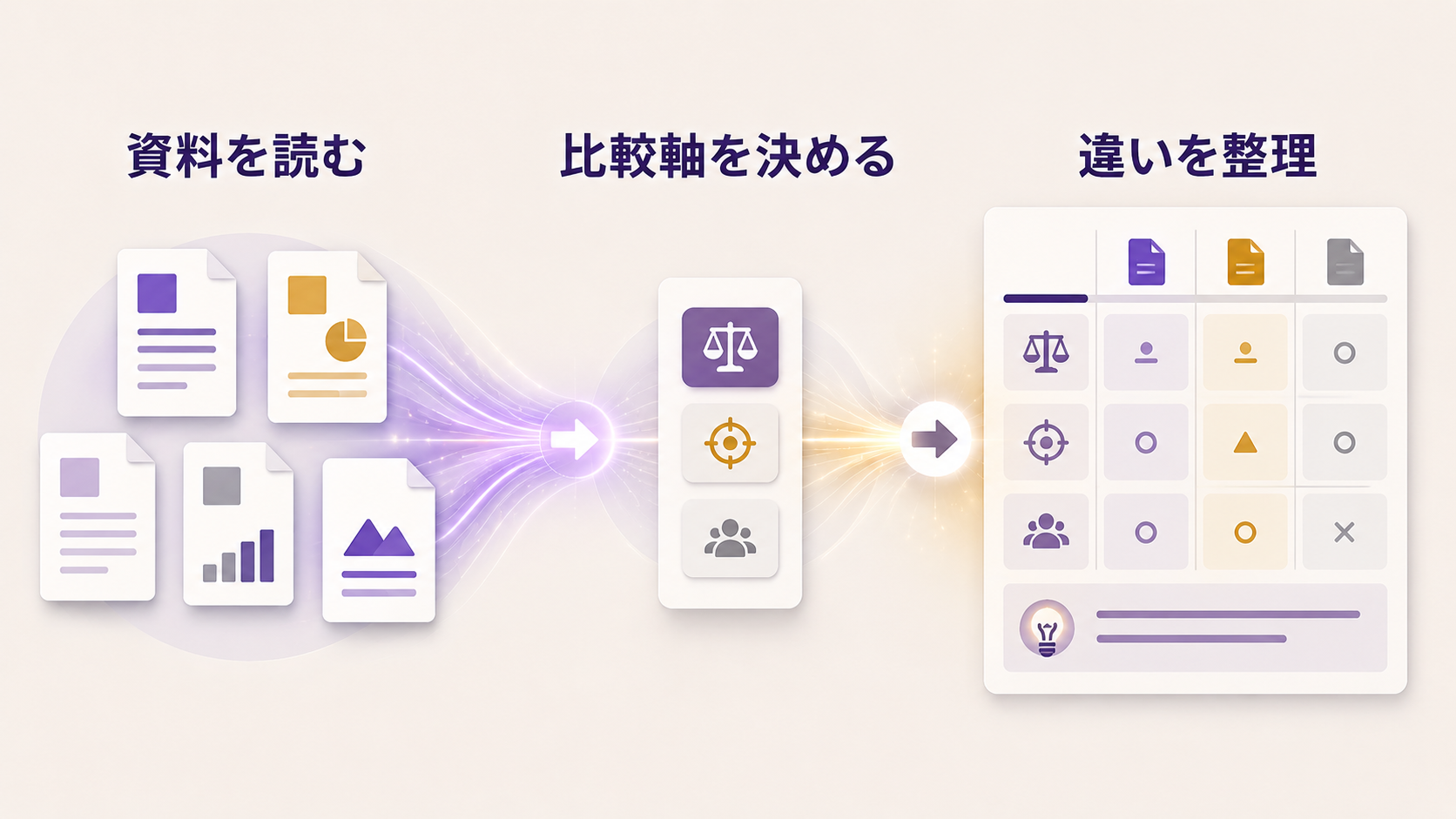 複数ファイルを比較軸に沿って横断分析する流れ