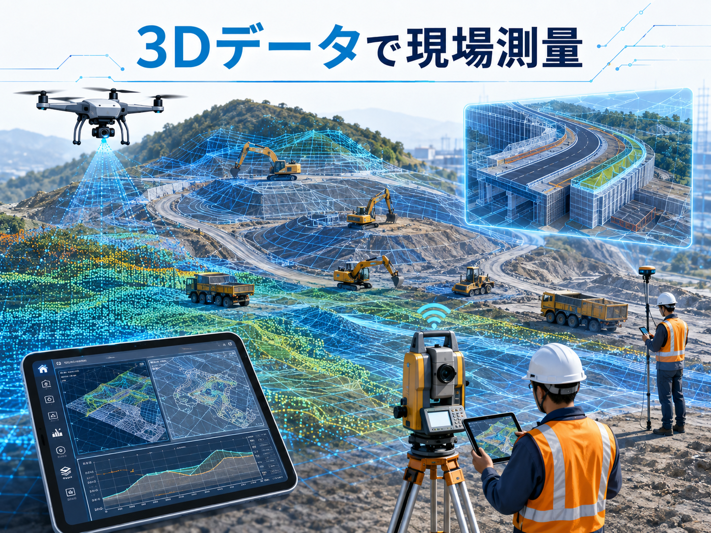 ドローンと3Dデータを活用して現場を測量するスマート測量のイメージ