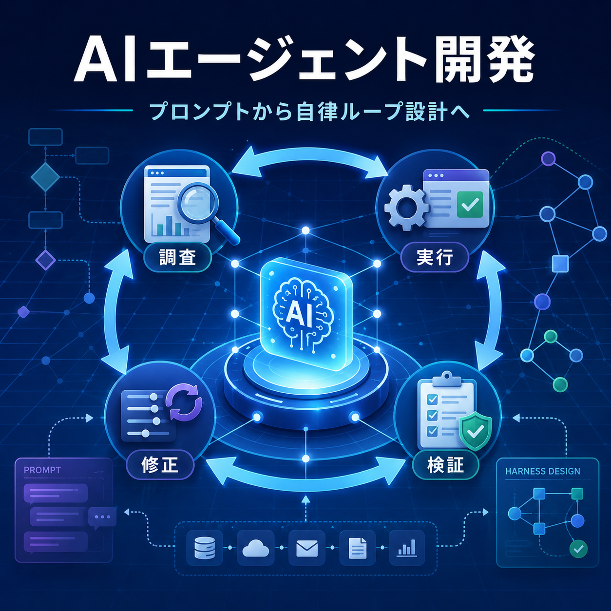 AIエージェントが調査・実行・検証・修正を自律的に繰り返すイメージ