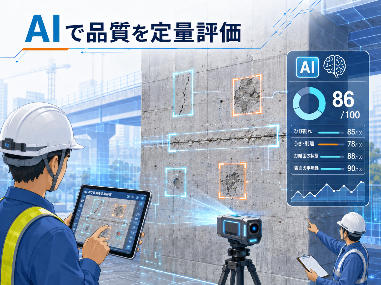 タブレットで撮影した画像をAIが解析してコンクリート品質を定量評価するイメージ