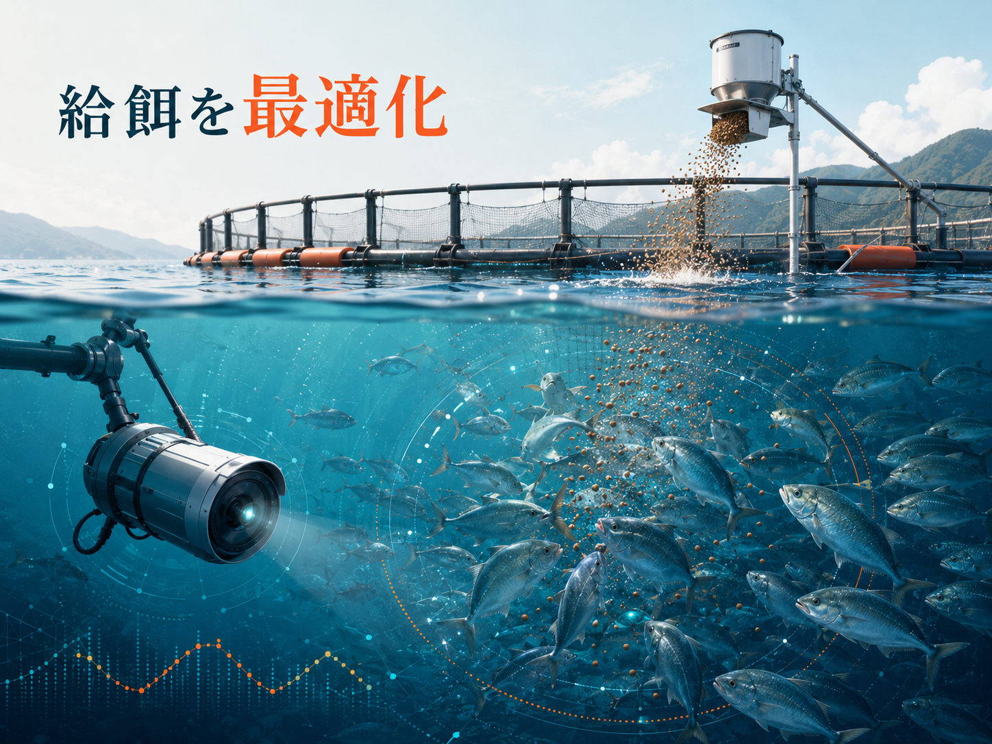 AI水中カメラで魚の摂餌行動を観察し給餌を最適化する様子