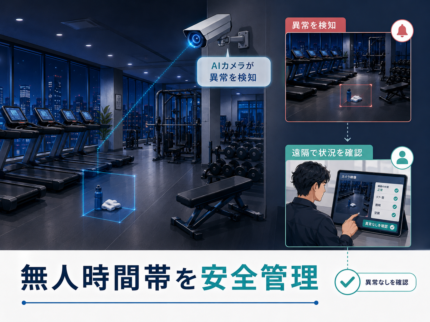 AI防犯カメラで無人時間帯のフィットネスジムを見守る安全管理イメージ