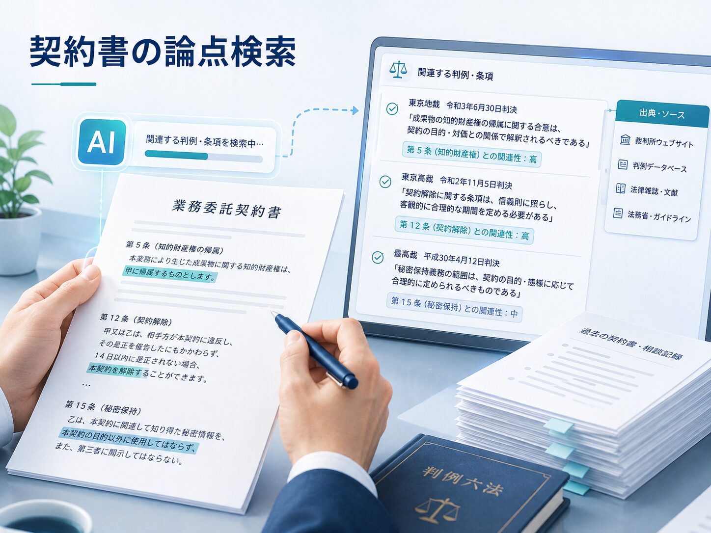 画像 専門家が過去案件を参照しながら契約書の論点を確認する場面