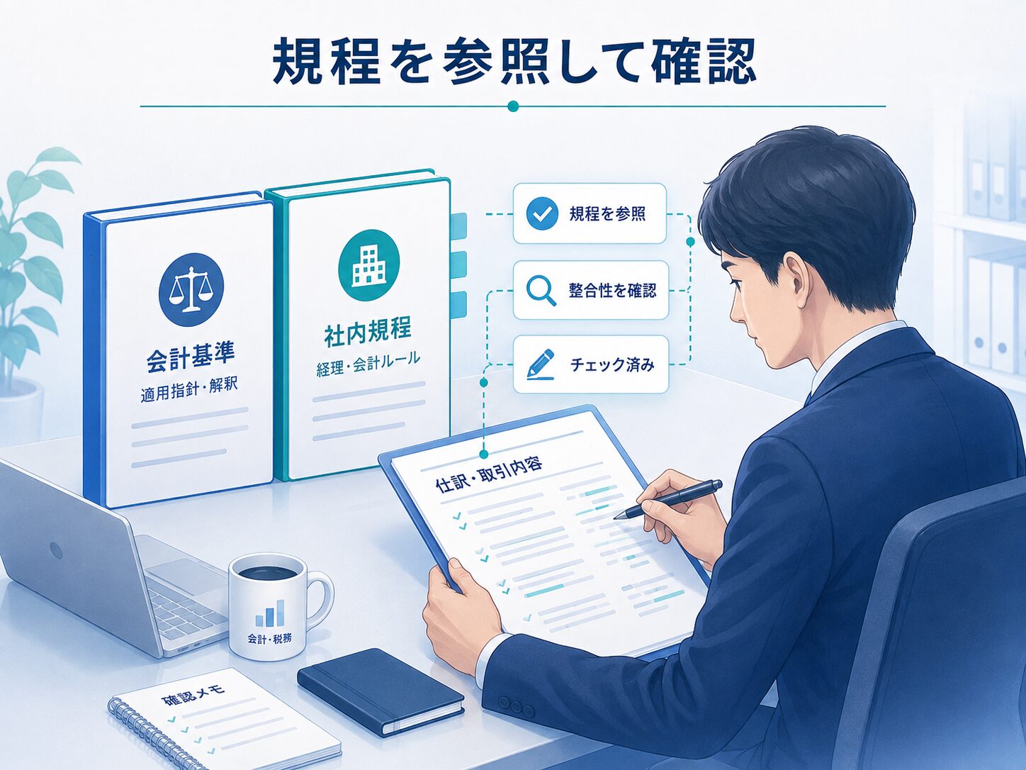 画像 会計基準や内部規程を参照しながら専門文書をレビューする場面