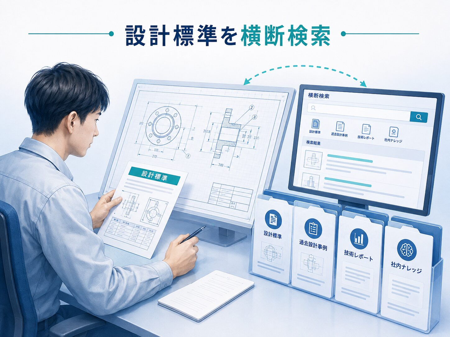 画像 技術者が設計標準と過去の技術報告書を参照して確認する場面