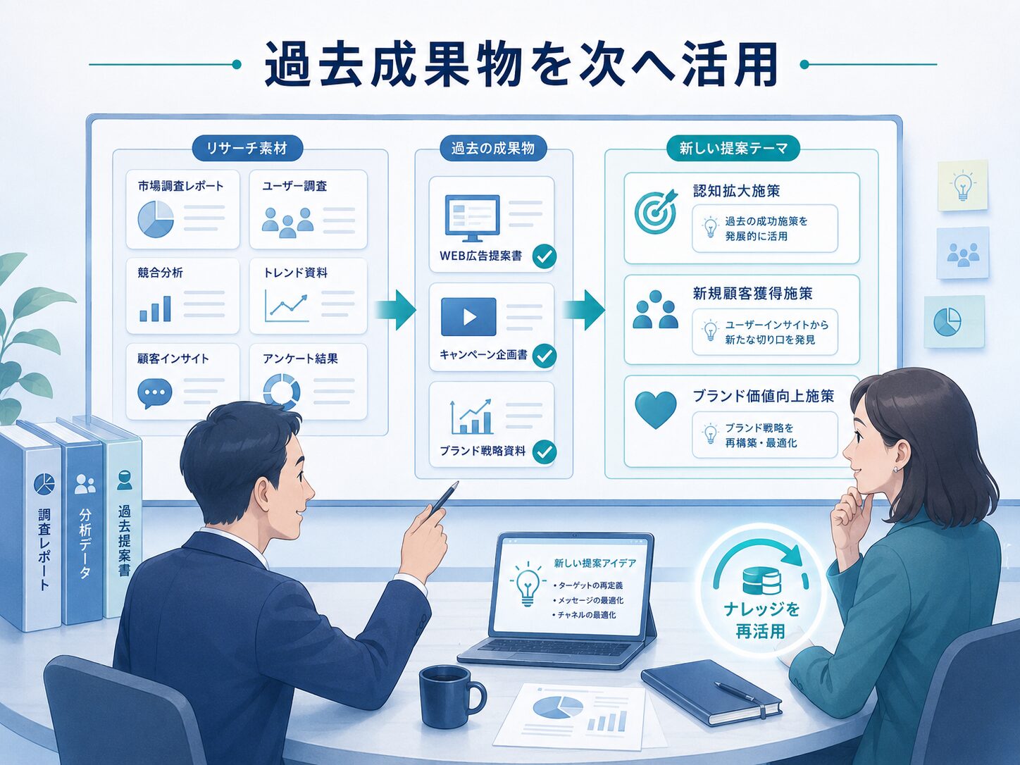 画像 調査資料と過去成果物を整理して新しい企画を検討する担当者