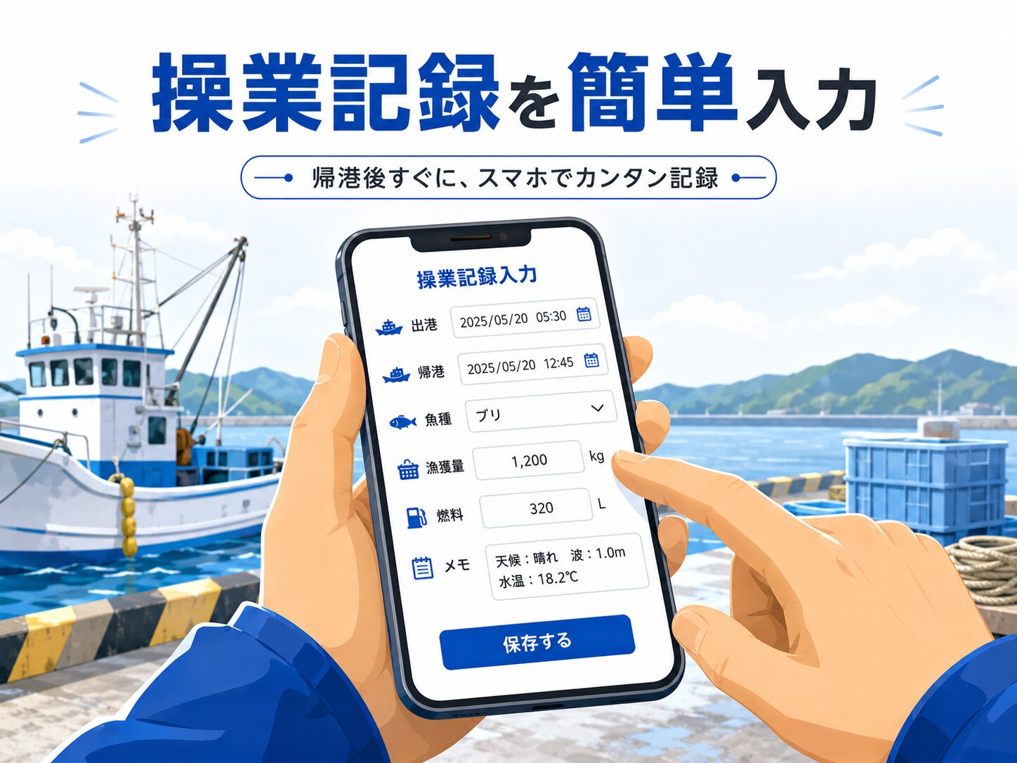 沿岸漁業者が帰港後にスマートフォンで操業記録を入力する様子