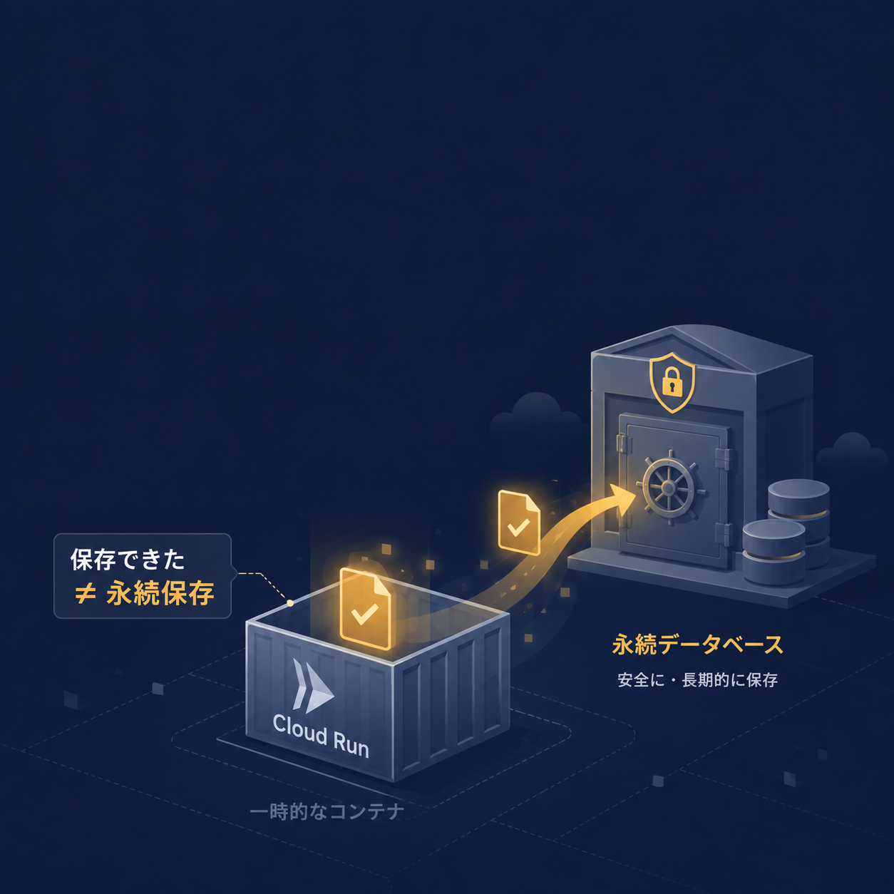 Cloud Runの一時保存から永続データベースへデータを保存するイメージ
