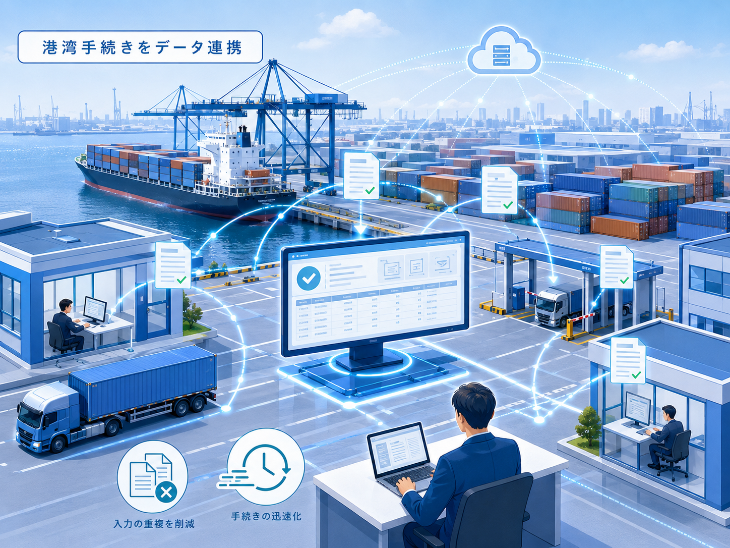 画像 Cyber Portで港湾物流手続きを電子化しデータ連携するイメージ
