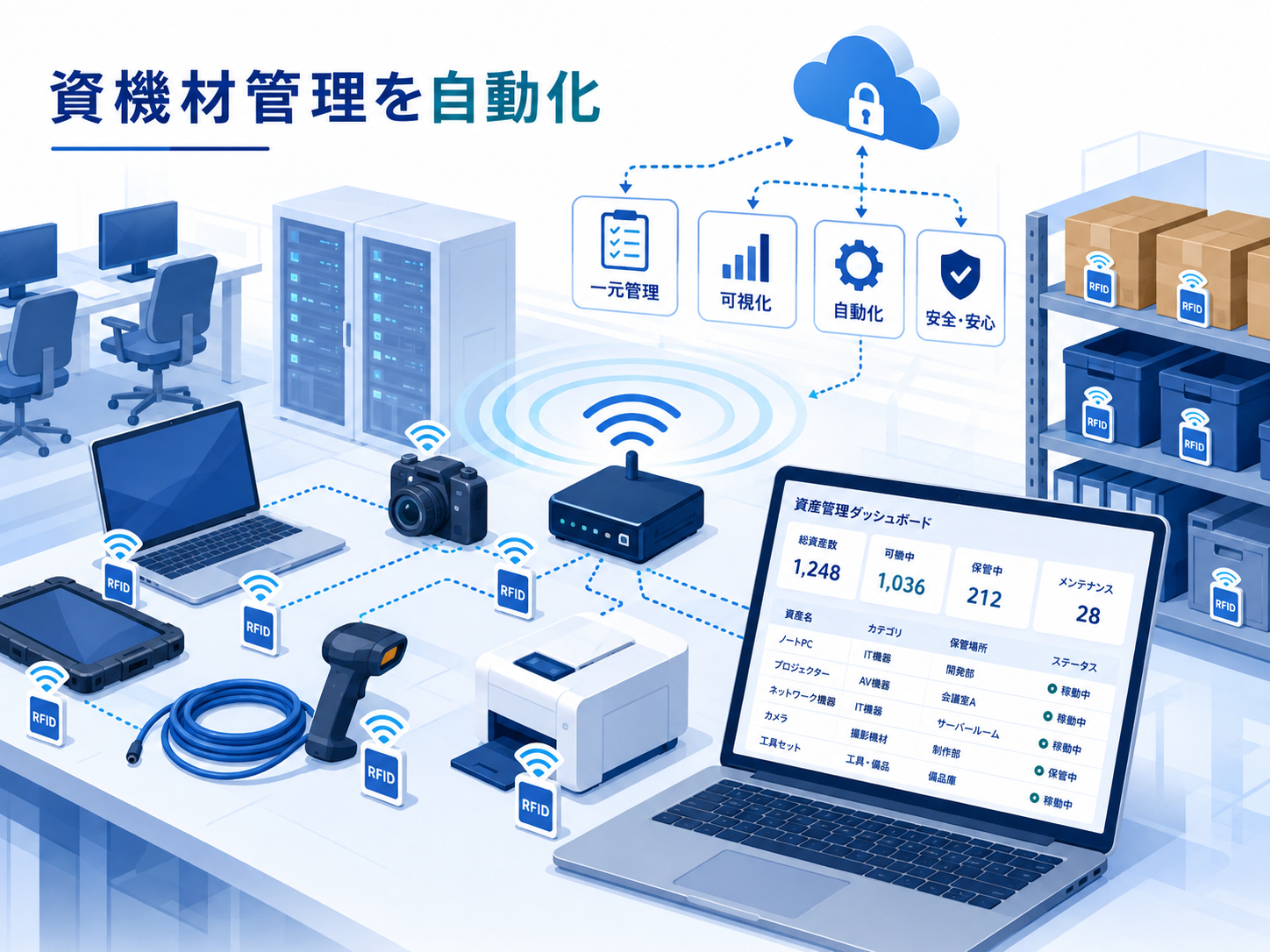 RFIDタグで資機材管理を自動化するイメージ