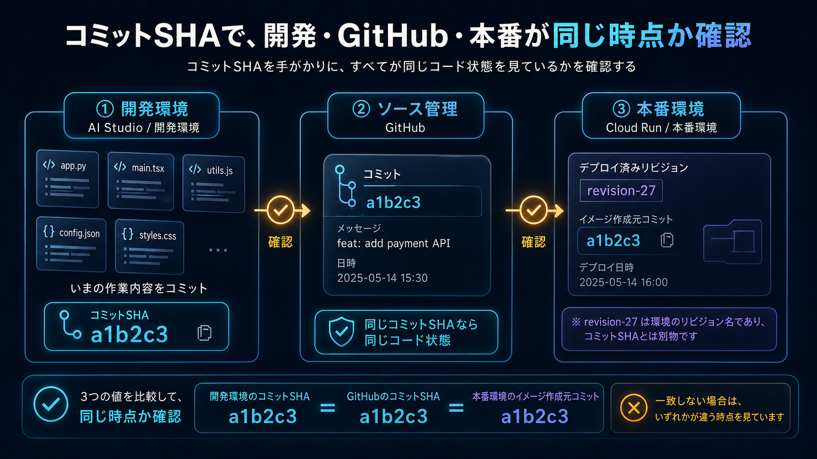 画像 SHAを使って開発環境、GitHub、本番環境のコードの時点を照合するイメージ