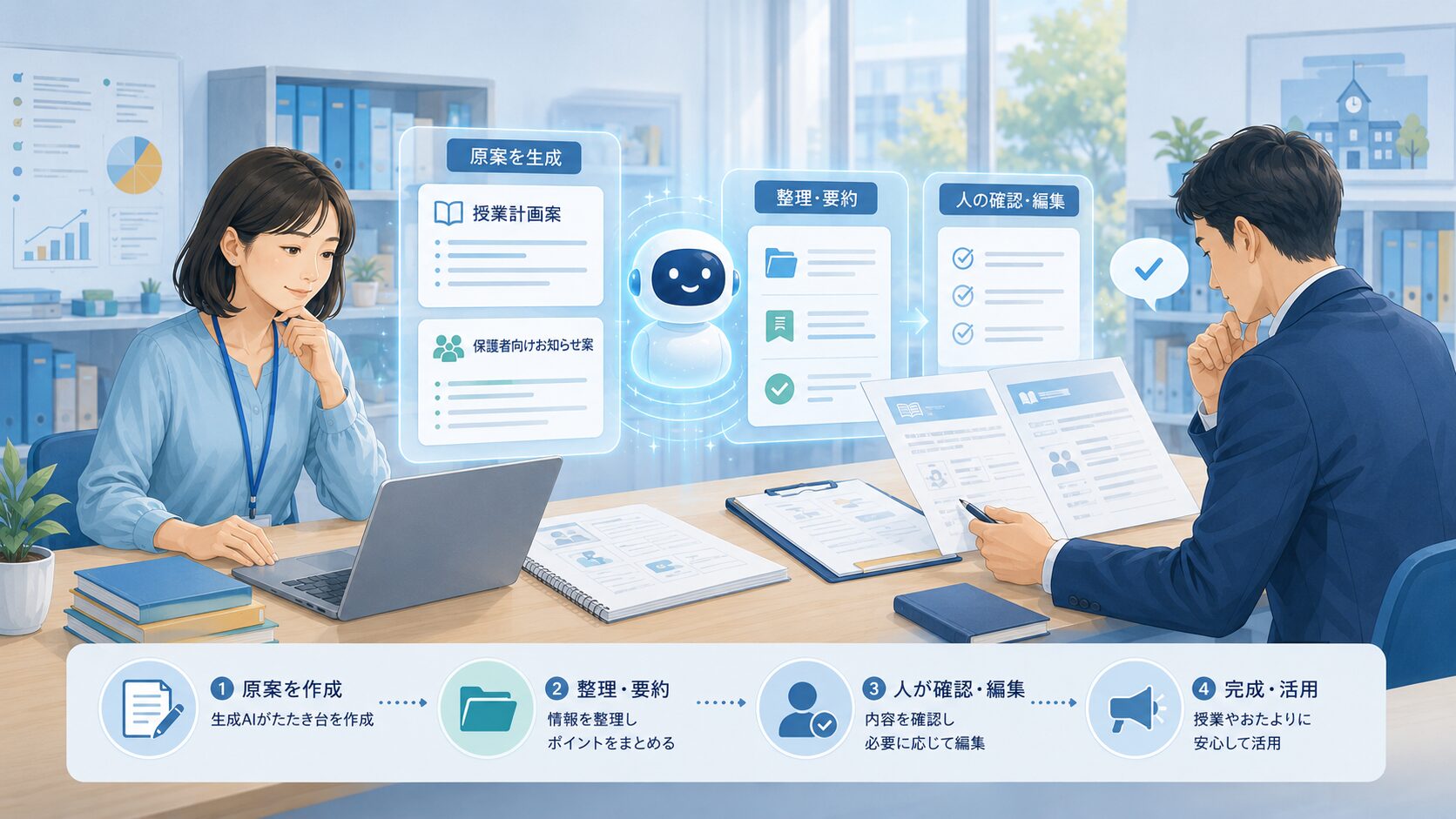 教材や文書の下書きを生成AIが支援し教員が確認する流れ