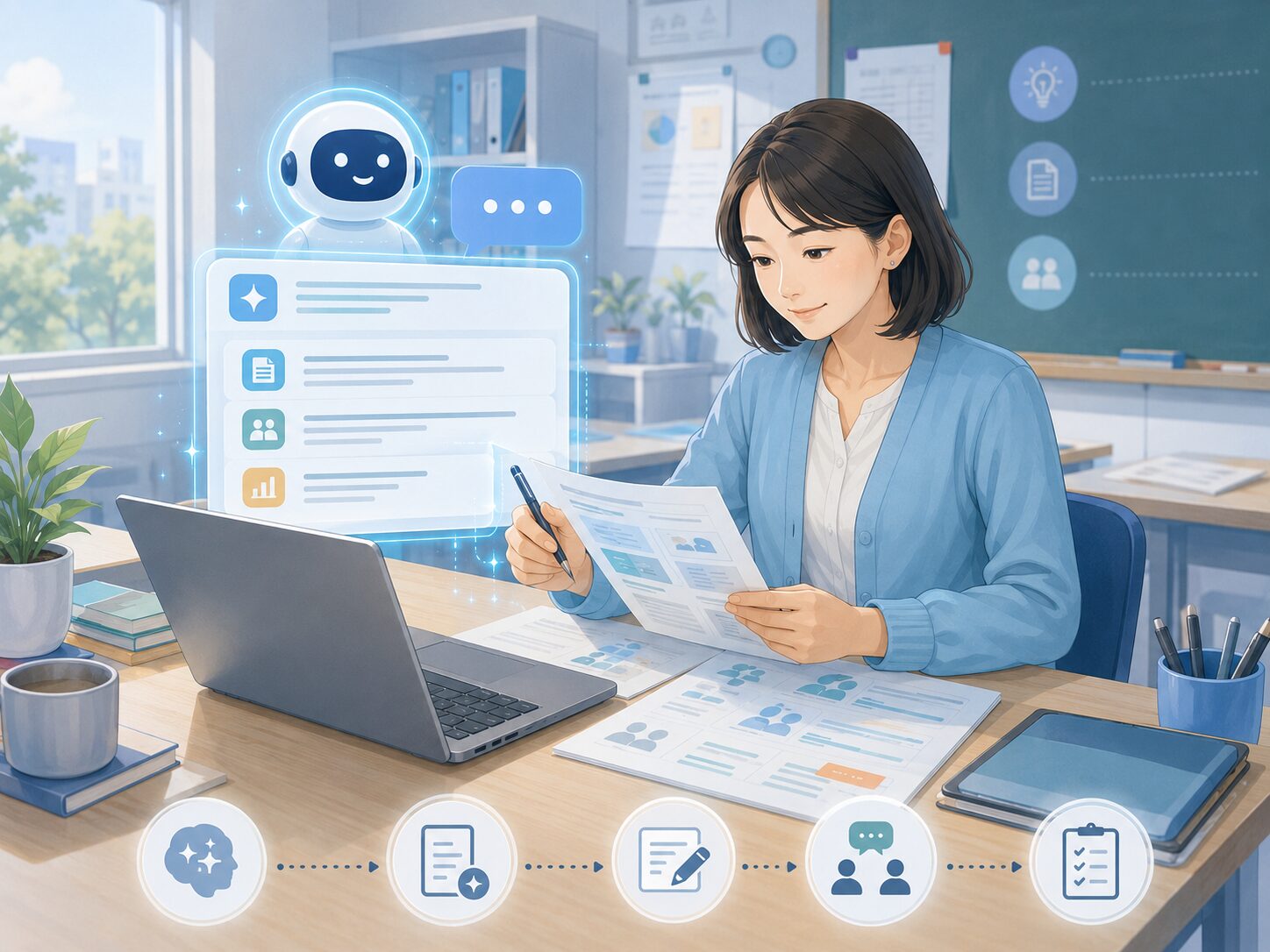 教員が生成AIで作成した教材案と保護者文書を確認する場面