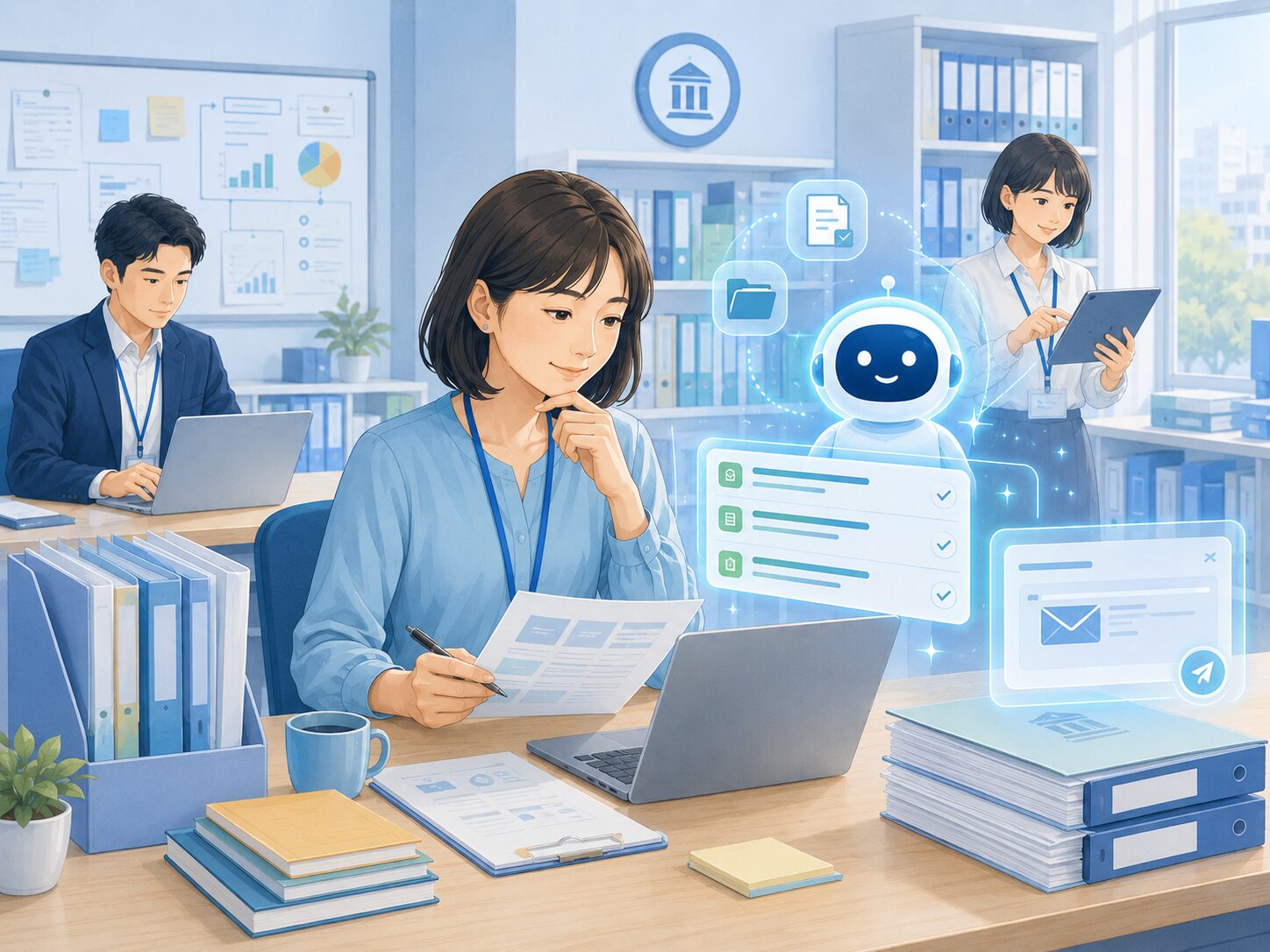 教育委員会の担当者が規程と通知文案を確認する場面