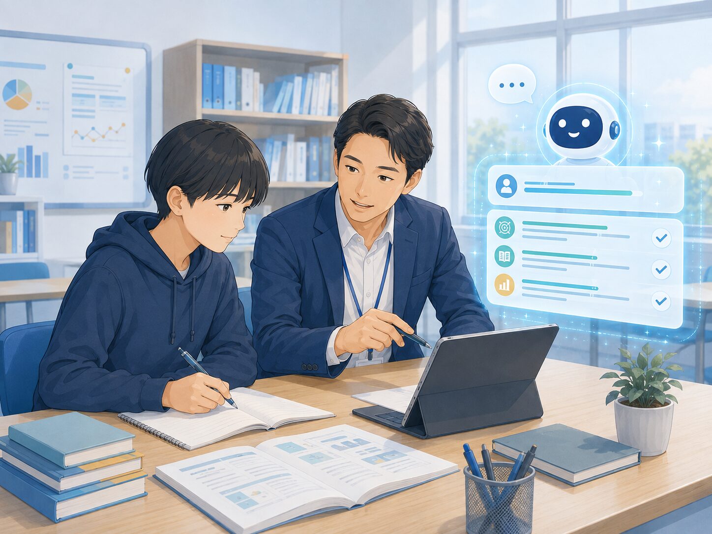 学習塾の講師と生徒が個別指導計画を確認する場面