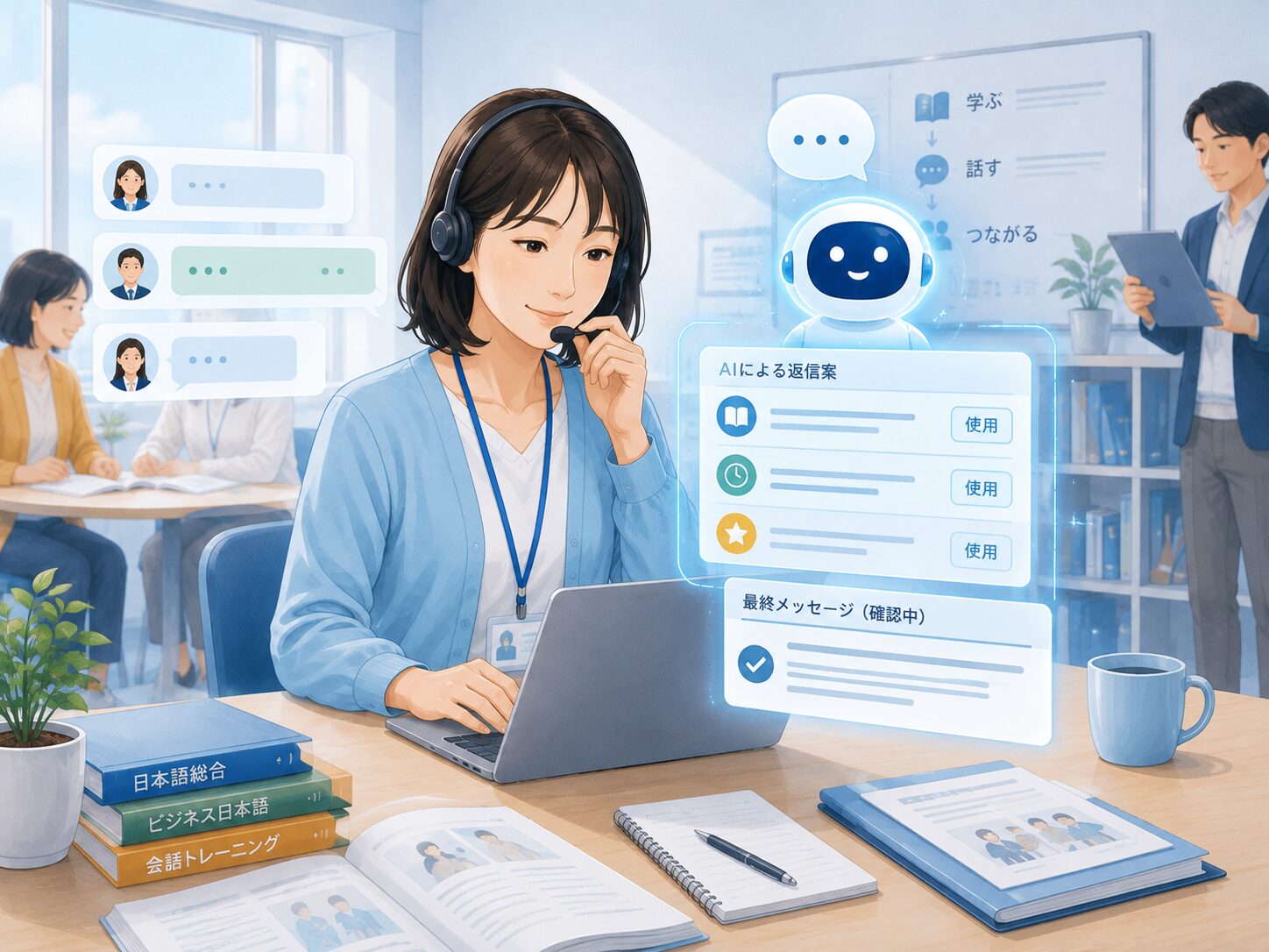 スクールの担当者が受講者からの問い合わせ回答案を確認する場面