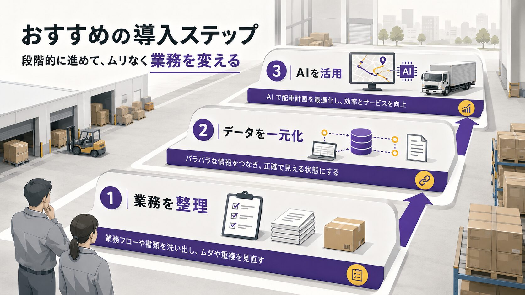 画像 運送会社が業務整理、データ一元化、AI配車の順に導入するステップ