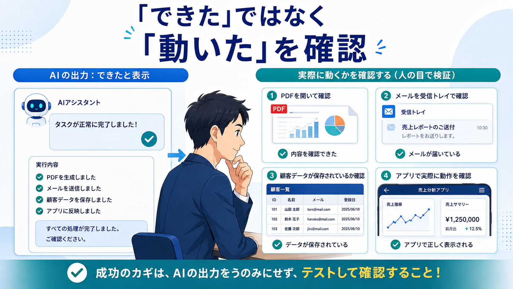 AIの回答ではなくPDFやメールなど実際の成果を確認するイメージ