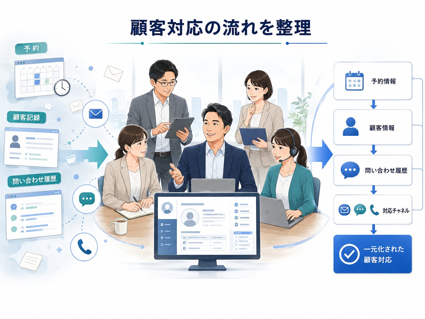 サービス業で予約・問い合わせ・顧客履歴の流れを整理する場面